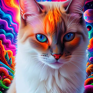 Psychedelic siamese space cat staring intently directly at you, soul piercing gaze, deep in thought, trippy, colorful, crazy colors, cat nip acid trip, lsd dmt mdma 2cb hallucinatory psychedelic visual effects, whimsical, crazy, wacky, awesome, ultra-detailed, absurdres, best quality, vivid colors, vivid blue eyes, psychedelic alien worlds, sprawling cosmic colorscapes