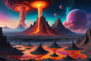 A cosmic landscape scene of an alien melty ooze magma slime geyser ooze volcano magical world, vivid rich colors, ancient abandoned unkown alien ruins, colorful goo slime ooze inferno world, close in orbit to a giant crazy star, crazy psychedelic auroras in star filled twilight sky, gushing goo geysers, flowing melty magma ooze rivers, huge looming slime spouting volcanic structures that defy comprehension, psychedelic colorscape, best quality, perfect detail, vivid color saturation, masterpiece, absurdres, Psychedelic alien worlds, sprawling cosmic colorscapes, ultra-detailed, intricate, elaborate, vivid, radiant, vibrant, smooth, no humans, partially anatomic ooze planet,Psychedelic alien worlds ,Sprawling cosmic colorscapes 