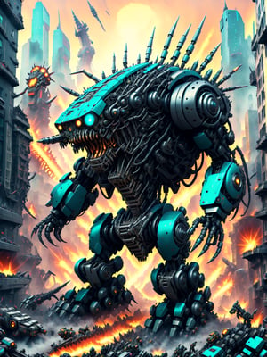 A massive looming gigantic killer robot, rampaging through a crowded city, smashing buildings, people fleeing in terror,  ultra intricate mechanical parts wires gears intricate inner workings, psychedelic to the max, best quality, CartooNuclear Meltdown style,2D