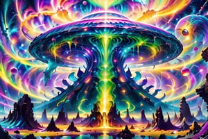 A cosmic landscape scene of an alien gooy ooze color slime goop melty dripping color world with vivid rich colors and ancient alien temple ruins, colorful world, crazy auroras in star filled sky, psychedelic colorscape, cosmic creatures, best quality, perfect detail, vivid color saturation, masterpiece, absurdres, Psychedelic alien worlds, sprawling cosmic colorscapes, (ultra-detailed), (ultrarealistic), ((best quality)), ((highest quality)), (intricate detail),Psychedelic alien worlds, sprawling cosmic colorscapes 