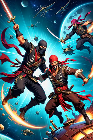 A ninja fighting a pirate in a duel to the death on a spaceship space pirate ship space ninjas, InsaniToon style ,InsaniToon style 