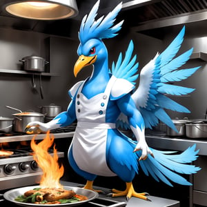 A digital comic art style image that depicts the legendary ice pokemon articuno in an anthropomorphic style working a dead end mundane nine to five job as a line cook in a restaurant, the most unlikely of places as this humanoid comic cartoon articuno is surrounded by boiling pots and open flames on a sautee station, a look of frustration and defeat on his face, somehow going from legendary pokemon status to being a miserable lowly sautee cook surrounded by lots of heat which is articuno's weakness, showcasing the bizarre irony of being in such a situation as well as showcasing the depressing hilarity of such an absurd situation, vivid intricate elaborate fantastical detail, ultra-detailed, rich colors, best quality, (anthropomorphic humanoid comical realistic style make articuno into a humanoid wearing chef uniform)