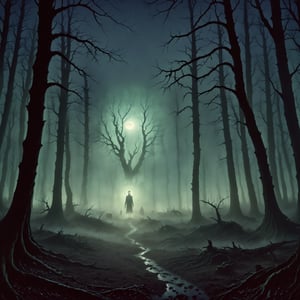 Forest, night, fog, eerie, dark, strange otherworldly glow, eyes gaze back from the darkness, dim light ambient natural moonlight, bizarre creepy, trees almost seem alive, pareidolia of horrors, vivid professional animation, bad dream 