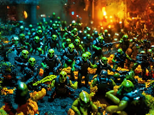 a group of futuristic human space soldiers fighting against a onslaught of crazy alien invaders, it is a vivid intense epic cinematic wartorn masterpiece of stop motion claymation animation action figurine type diorama display aesthetic look grandiose and vast crowded complex composition, Claymutation