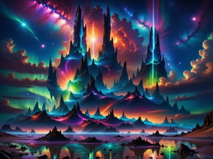 A distant world in a strange galaxy, vivid lush bizarre otherworldly overgrowth, ancient crumbling ruins, dark dead of night, shadowed, contrast, bioluminescent glow, soft fog, psychedelic star filled cosmic celestial sky, auroras vividly shimmering across the horizon, volcanic eruption in the distance, bubbling geysers of strange liquids, dreamy otherworldly brilliant cosmic sprawling vast expansive nightscape, intricately fine tuned meticulous methodical elaborate detailing, intense psychedelic strange plant life, radiant complex crowded night star filled sky, vivid astonishing colors, hyperrealistic surreal Precisionistic photorealism, mystical eerie awe inspiring alien world, giant strange crystalline formations that reflect the starlight and enhance the bizarre bioluminescent glow that dimly and ominously illuminates the scenery, take inspiration from keith Parkinson early works, bring this outlandish otherworld to life in strikingly smooth and visually stunning detail, unique and original, intriguing and mesmerizing, captivating creative complex composition ,Psychedelic alien worlds ,sprawling cosmic colorscapes ,Sprawling cosmic colorscapes 