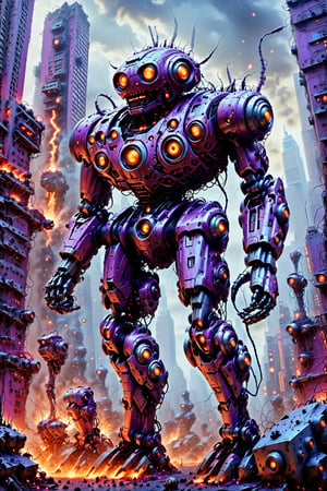 A monstrous colossal killer robot gone haywire on a rampage destroying an entire futuristic megacity in vivid visual intense detail with ultra colors and hyper hallucinatory visual effects, 