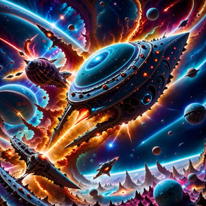 Epic space starship battle scene huge galactic space battle in orbit above a crazy cool planet, super detailed vividly intricately designed with complexity and attention to detail with hyoer rich colors fantastical and legendary 