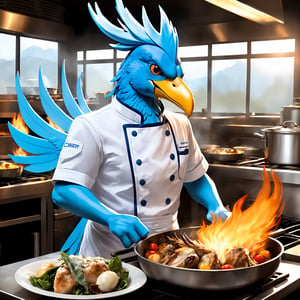 A digital comic art style image that depicts the legendary ice pokemon articuno in an anthropomorphic style working a dead end mundane nine to five job as a line cook in a restaurant, the most unlikely of places as this humanoid comic cartoon articuno is surrounded by boiling pots and open flames on a sautee station, a look of frustration and defeat on his face, somehow going from legendary pokemon status to being a miserable lowly sautee cook surrounded by lots of heat which is articuno's weakness, showcasing the bizarre irony of being in such a situation as well as showcasing the depressing hilarity of such an absurd situation, vivid intricate elaborate fantastical detail, ultra-detailed, rich colors, best quality, ((anthropomorphic humanoid comical realistic style make articuno into a humanoid wearing chef uniform))(super busy super stressed out cooking tons of food while servers keep asking him questions), (vivid detailed humanoid expression and characteristics)