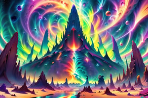 A cosmic landscape scene of an alien world with vivid rich colors and ancient alien temple ruins, colorful world, crazy auroras in star filled sky, skeletal spires spiraling, psychedelic colorscape, cosmic creatures, best quality, perfect detail, vivid color saturation, masterpiece, absurdres, Psychedelic alien worlds, sprawling cosmic colorscapes, Crazy psychedelic enhanced cosmic colorscapes,Psychedelic alien worlds ,Sprawling cosmic colorscapes 