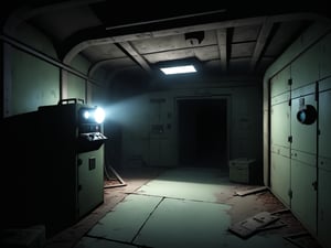 Something lurking in the shadows of this abandoned military science facility underground bunker, you are not alone, pitch black darkness only your flashlight illuminating,  1st person pov video game survival horror style, Disastartoon 