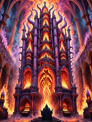 A crazy man playing a demon possessed hellish pipe organ, inside a creepy cathedral, with psychedelic flames shooting out of the pipes, phantoms, gothic, best quality, CartooNuclear Meltdown style 