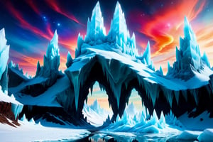 A cosmic landscape scene of an alien arctic frost bitten glacial shimmering frost ice magical world, vivid rich colors, ancient abandoned unkown vast frozen icy alien city ruins, colorful crazy eternal winter crystalline glass ice world, close in orbit to a giant crazy star in the sky, crazy psychedelic auroras in star filled twilight snowy sky, perhaps strange aliens or creatures completely frozen petrified like stone but ice encapsulated, celestial frozen reflective lake, huge jagged wacky ice crystal glass structures that defy comprehension, psychedelic colorscape, best quality, perfect detail, vivid color saturation, masterpiece, absurdres, Psychedelic alien worlds, sprawling cosmic colorscapes, ultra-detailed, intricate, elaborate, vivid, radiant, vibrant, smooth, no humans, frostscape, glacier glass crystal frost ice world, giant shards piercing the heavens, fog, mist, eerie, supernatural, haunting, ethereal ,Psychedelic alien worlds 