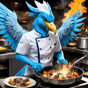 A digital comic art style image that depicts the legendary ice pokemon articuno in an anthropomorphic style working a dead end mundane nine to five job as a line cook in a restaurant, the most unlikely of places as this humanoid comic cartoon articuno is surrounded by boiling pots and open flames on a sautee station, a look of frustration and defeat on his face, somehow going from legendary pokemon status to being a miserable lowly sautee cook surrounded by lots of heat which is articuno's weakness, showcasing the bizarre irony of being in such a situation as well as showcasing the depressing hilarity of such an absurd situation, vivid intricate elaborate fantastical detail, ultra-detailed, rich colors, best quality, ((anthropomorphic humanoid comical realistic style make articuno into a humanoid wearing chef uniform))(super busy super stressed out cooking tons of food while servers keep asking him questions), (vivid detailed humanoid expression and characteristics), (((incredibly  vivid realistic facial expression of frustration, sweating, stressed out wide eyes)))