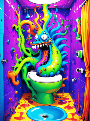 A crazy cool comical cartoon creature, vivid psychedelic bathroom humor, best quality, CartooNuclear Meltdown style 