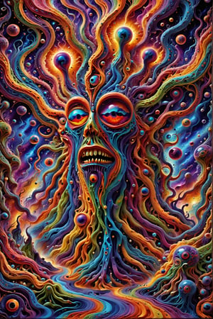 The most insane sensory overloaded brain melting psychedelic madness, hallucinatory visual wonders, LSD, DMT, psychotropic, cosmic crazy creative colorful complex composition, Hallucinator unique original art style Vivid ultra colors, hyper detailed intricate elaborate fantastical amazing wondrous masterwork masterpiece of bizarre otherworldly interdimensional psychedelic insanity, visual hallucinations like on psychotropic chemicals, tripping on drugs,REALISTIC 