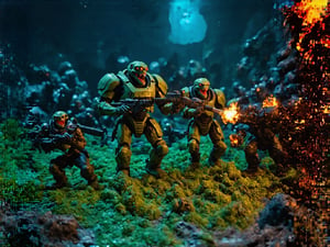 an intense epic mid battle in combat scene of a small squad of exosuit wearing futuristic human soldiers with advanced weaponry and heavy suits of space armor similar to space marine, fighting back against a giant hoarde of invading alien creatures, and attacking mutated monsters, maddening cosmic creature horrors, terrifying trippy extraterrestrial abominations, vile deformed ooze monsters, blobs of poisonous slime, giant sharo fanged multi eyed beasts, all manner of evil demented twisted otherworldy creature is overrunning the last defense outpost and this small squad of super soldier marine troopers is holding the line with their flamethrowers and miniguns and laser weapons and chainsaw swords and such, it is a vivid intense epic cinematic wartorn masterpiece of stop motion claymation animation action figurine type diorama display aesthetic look grandiose and vast crowded complex composition, Claymutation