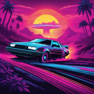 High speed high octane insane 80s outrun retro car chase scene in vivid 80s psychedelic vector laser line art style with vivid synthwave psychedelic vibes,

,Disastartoon