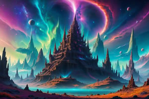 A cosmic landscape scene of an alien world with vivid rich colors and ancient alien temple ruins, colorful world, crazy auroras in star filled sky, skeletal spires spiraling, psychedelic colorscape, cosmic creatures, best quality, perfect detail, vivid color saturation, masterpiece, absurdres, Psychedelic alien worlds, sprawling cosmic colorscapes ,Psychedelic alien worlds 