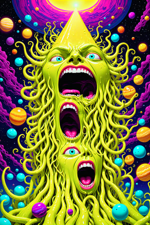 A blob of teeth eyes and claws and hair waving a thousand tendril arms like a lunatic, a giant monolithic obelisk covered in screaming silly exaggerated expressions faces of all kinds, toilets the size of planets overflowing neon yellow glowing liquid that has millions of naked piss sluts women floating in suspended animation, psychedelic insanity style 