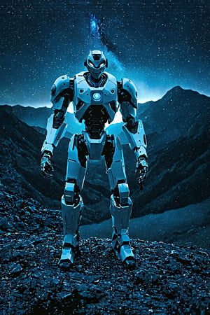 A lone robotic warrior stands triumphantly on a mountainous terrain, its powerful suit illuminated by the radiant glow of nearby stars in the starry sky. The android's gaze is fixed intently as it holds aloft an energy sword, its armoured form a testament to its unyielding determination. The only sound is the distant hum of machinery and the soft crackling of cosmic energy.,Claymutation