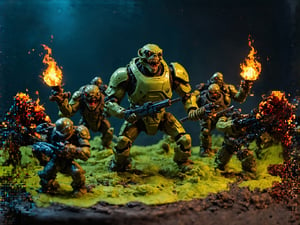 an intense epic mid battle in combat scene of a small squad of exosuit wearing futuristic human soldiers with advanced weaponry and heavy suits of space armor similar to space marine, fighting back against a giant hoarde of invading alien creatures, and attacking mutated monsters, maddening cosmic creature horrors, terrifying trippy extraterrestrial abominations, vile deformed ooze monsters, blobs of poisonous slime, giant sharo fanged multi eyed beasts, all manner of evil demented twisted otherworldy creature is overrunning the last defense outpost and this small squad of super soldier marine troopers is holding the line with their flamethrowers and miniguns and laser weapons and chainsaw swords and such, it is a vivid intense epic cinematic wartorn masterpiece of stop motion claymation animation action figurine type diorama display aesthetic look grandiose and vast crowded complex composition, Claymutation