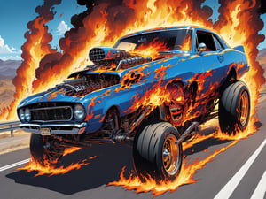 A horrifying sight enthralls your vision as a fear filled fucked up bad trip nightmare living unholy animated monstrous crazy creature muscle car hellish hot rod of the damned devilsh deviant defiler of roads a true speed demon 70s muscle car hell monster flaming bone flesh gore 2 door hardcore street stalking highway horror going faster than hell leaving fire in its unholy terror tires wake, ultra insane excessive exaggerated outlandish cartoon wacky wild comical comic animation, pure freaky fucked up flaming evil speed metal speed demon horrifying hot rod monster muscle car, covered in guts running over sluts, this unchained insane fast lane hot rod running over everything nothing but ashes gore and death and fire trails behind it, not even the devil himself can fuck with the hottest rod in all the hells, in ultra colors so vivid and hot it'll make viewer go blind, visually impeccable madness of unmatched precision and quality of detail ,Psychedelic Insanity style ,InsaniToon style ,H effect,comic book,(anime)