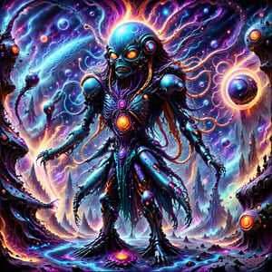 Psychedelic cybernetic sorcerer using technomancy magic and technology to conjure spirits from cyberspace out of the digital dimension into the physical world, epic sci fi fantasy crazy cool colorful creative  fusion of futurism and mysticism 