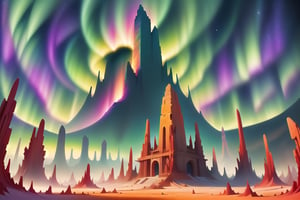 A cosmic landscape scene of an alien world with vivid rich colors and ancient alien temple ruins, colorful world, crazy auroras in star filled sky, skeletal spires spiraling, psychedelic colorscape, cosmic creatures, best quality, perfect detail, vivid color saturation, masterpiece, absurdres, Psychedelic alien worlds, sprawling cosmic colorscapes, Crazy psychedelic enhanced cosmic colorscapes