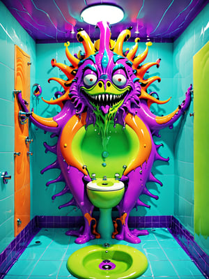 A crazy cool comical cartoon creature, vivid psychedelic bathroom humor, best quality, CartooNuclear Meltdown style 