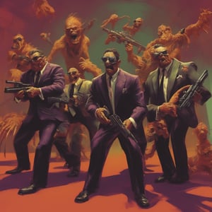 monster goofy guys in cool suits with guns and stuff like some bizarre alternate reality other dimensional Resevoir Dogs style cool crazy insane creature feature scene from a bad dream a nightmare version of the film reimagined,Claymutation XL