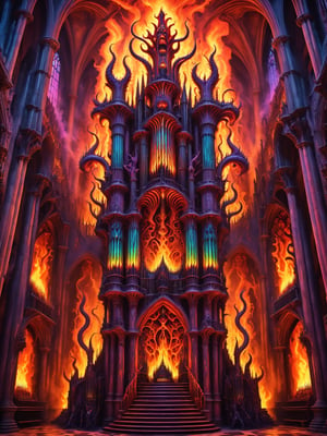 A crazy man playing a demon possessed hellish pipe organ, inside a creepy cathedral, with psychedelic flames shooting out of the pipes, phantoms, gothic, best quality, CartooNuclear Meltdown style 