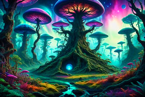 A cosmic landscape scene of an alien overgrown creepy forest lurking trees magical world, vivid rich colors, ancient abandoned unkown jungle alien ruins, colorful enchantee mystical forest world, crazy psychedelic auroras in star filled twilight sky, skeletal otherworldly trees and vines bushes, flowing glowing bioluminescent rivers, huge looming ancient world trees that defy comprehension, psychedelic colorscape, best quality, perfect detail, vivid color saturation, masterpiece, absurdres, Psychedelic alien worlds, sprawling cosmic colorscapes, ultra-detailed, intricate, elaborate, vivid, radiant, vibrant, smooth, no humans, glowing arcane magical forest world lush vivid vibrant alien planet, (forest jungle not swamp fungal),Psychedelic alien worlds ,Sprawling cosmic colorscapes 