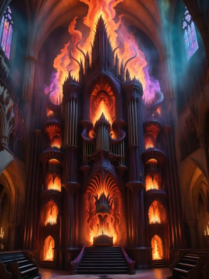 A crazy man playing a demon possessed hellish pipe organ, inside a creepy cathedral, with psychedelic flames shooting out of the pipes, phantoms, gothic, best quality, CartooNuclear Meltdown style 