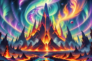 A cosmic landscape scene of an alien lava fire magma volcano world with vivid rich colors and ancient alien temple ruins, colorful world, crazy auroras in star filled sky, skeletal spires spiraling, psychedelic colorscape, cosmic creatures, best quality, perfect detail, vivid color saturation, masterpiece, absurdres, Psychedelic alien worlds, sprawling cosmic colorscapes, Crazy psychedelic enhanced cosmic colorscapes,Psychedelic alien worlds ,Sprawling cosmic colorscapes ,Psychedelic alien worlds