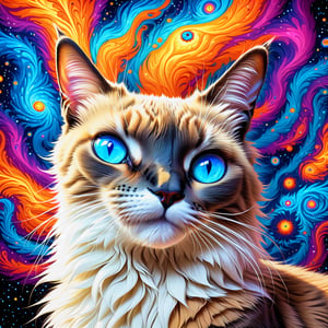 Psychedelic siamese space cat, staring intently, directly at you, soul piercing gaze, deep in thought, trippy, white orange gray colored fur, colorful, crazy cool vivid hot vibrant colors, on a cat nip acid trip, lsd dmt mdma 2cb hallucinatory psychedelic visual effects, as if viewer is on lsd dmt 2cb when looking at cat, whimsical, crazy, goofy, silly, kind of strange stupid funny weird look, wacky, awesome, peaking on psychedelic drugs, ultra-detailed, absurdres, best quality, vivid colors, vivid glowing mesmerizing blue eyes, intricate cosmic psychedelic details, spirit cat, best friend, love, psychedelic alien worlds, sprawling cosmic colorscapes