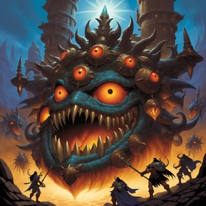 Xanathar, d&d beholder,  monster manual, d&d fantasy, beholder king, Beholders were immediately identifiable, being essentially a floating head with one single, cyclops-like eye surrounded by ten smaller eye stalks. Other than this, the main feature of a beholder's anatomy was its massive, gaping maw. Because of these features, beholders were occasionally known as "spheres of many eyes" or "eye tyrants, ((in the art style of concept art for the original video game planescape torment, in the art style of concept art from the original video game heroes of might and magic 3, cover art box art Everquest 1999 classic art style)), ultra-detailed, absurdres, masterpiece, best quality, best detail, vivid color  