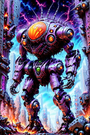 A monstrous colossal killer robot gone haywire on a rampage destroying an entire futuristic megacity in vivid visual intense detail with ultra colors and hyper hallucinatory visual effects, 