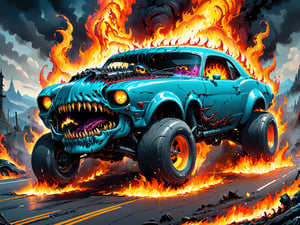 A horrifying sight enthralls your vision as a fear filled fucked up bad trip nightmare living unholy animated monstrous crazy creature muscle car hellish hot rod of the damned devilsh deviant defiler of roads a true speed demon 70s muscle car hell monster flaming bone flesh gore 2 door hardcore street stalking highway horror going faster than hell leaving fire in its unholy terror tires wake, ultra insane excessive exaggerated outlandish cartoon wacky wild comical comic animation, pure freaky fucked up flaming evil speed metal speed demon horrifying hot rod monster muscle car, covered in guts running over sluts, this unchained insane fast lane hot rod running over everything nothing but ashes gore and death and fire trails behind it, not even the devil himself can fuck with the hottest rod in all the hells, in ultra colors so vivid and hot it'll make viewer go blind, visually impeccable madness of unmatched precision and quality of detail ,Psychedelic Insanity style ,InsaniToon style ,H effect,comic book,(anime)