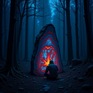 Alone in the cold dark ominous eerie woods at dead of night, a lost person tries to stay warm huddling up against a peculiar glowing misshapen rock, the rock is emitting visible wavelengths that create a very psychedelic hallucinatory visual effect, overlapping and multiple layering of these visible wavelengths results in one of those stare at the image until the hidden 3D image within the image becomes visible type of effect, enhance sharpness and enhance hdr lines effects as well