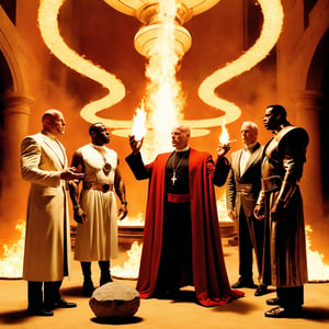 The scene from the luc besson film the 5th element when korben dallas and ruby rhod and the priests are trying to activate the 4 stones of the 4 elements, and korben only has one match left to use to trigger the fire stone, and both the priests and radio talk show host staff huddled around him as he lights the last match and also the last hope for all mankind,  awesome artistic rendition of this iconic film scene with bruce willis as korben, chris tucker as the eccentric ruby rhod, ian holm as vito Cornelius, and Charlie creed miles as david assistant priest, all holding breath as match flickers almost goes out before triggering and activating the fire stone and thus activating leeloo the 5th element and saving the world, fantastical hyperrealistic Precisionism comical wacky awesome illustration of this moment, score_9, best quality, flawless, perfect 