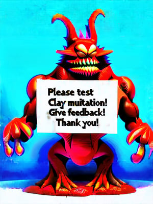 A cool monster guy holding a sign that says, (("PLEASE TEST (((CLAY MUTATION)))! GIVE FEEDBACK! THANK YOU!")) Huge sign easy to read, flawless spelling, clear and precise, (make sure you spell CLAY MUTATION correctly enhance focus on that detail being precise), ((the spelling and correct text is the most important aspect of this image)),Claymutation