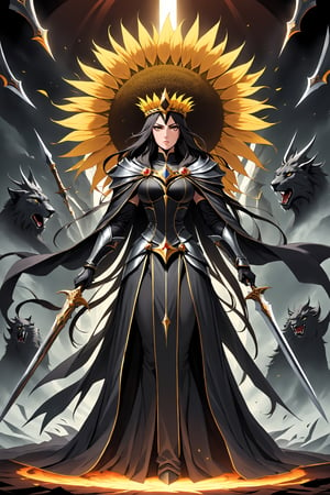 seen as a floating, robed, monolithic, and gargantuan woman, with her impassive, expressionless face bracketed by an imposing mantle of sharpened blades, the Lady of Pain as a female-presenting, robed individual, whose head is surrounded by blades, wreathed like a lion's mane, somewhat reminiscent of a sunflower; some of the blades were arranged to form a crown, dnd, keith Parkinson style, homm3 style, homm style 