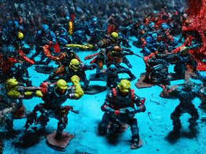 (a group of futuristic human space soldiers) fighting against a onslaught of crazy alien invaders, it is a vivid intense epic cinematic wartorn masterpiece of stop motion claymation animation action figurine type diorama display aesthetic look grandiose and vast crowded complex composition, (the humans and the alien eldritch horror creatrures are seperate do not combine them into one being) Claymutation