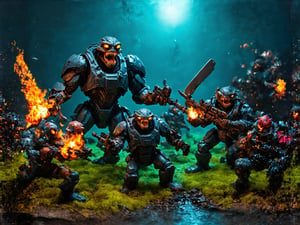 an intense epic mid battle in combat scene of a small squad of exosuit wearing futuristic soldiers with advanced weaponry and heavy suits of space armor similar to space marine, fighting back a giant hoarde of invading alien creatures, and attacking mutated monsters, maddening cosmic creature horrors, terrifying trippy extraterrestrial abominations, vile deformed ooze monsters, blobs of poisonous slime, giant sharo fanged multi eyed beasts, all manner of evil demented twisted otherworldy creature is overrunning the last defense outpost and this small squad of super soldier marine troopers is holding the line with their flamethrowers and miniguns and laser weapons and chainsaw swords and such, it is a vivid intense epic cinematic wartorn masterpiece of stop motion claymation animation action figurine type diorama display aesthetic look grandiose and vast crowded complex composition, Claymutation