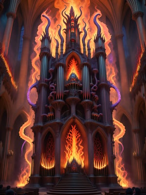 A crazy man playing a demon possessed hellish pipe organ, inside a creepy cathedral, with psychedelic flames shooting out of the pipes, phantoms, gothic, best quality, CartooNuclear Meltdown style 