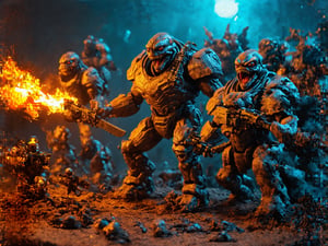 an intense epic mid battle in combat scene of a small squad of exosuit wearing futuristic soldiers with advanced weaponry and heavy suits of space armor similar to space marine, fighting back a giant hoarde of invading alien creatures, and attacking mutated monsters, maddening cosmic creature horrors, terrifying trippy extraterrestrial abominations, vile deformed ooze monsters, blobs of poisonous slime, giant sharo fanged multi eyed beasts, all manner of evil demented twisted otherworldy creature is overrunning the last defense outpost and this small squad of super soldier marine troopers is holding the line with their flamethrowers and miniguns and laser weapons and chainsaw swords and such, it is a vivid intense epic cinematic wartorn masterpiece of stop motion claymation animation action figurine type diorama display aesthetic look grandiose and vast crowded complex composition, Claymutation