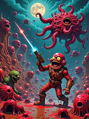 A crash landed stranger on a strange planet, his exo suit is damaged and only has one laser pistol and a shield to defend himself from an amassing horde of eldritch terrors and Lovecraftian nightmares in this abhorrent fleshy weird ooze goo world, sci fi otherworldly horror, ultra rich vivid colors and creepy crazy elaborate details, in a mixture of claymation stop motion and vibrant psychedelic illustration art styles 