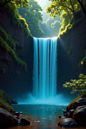 Waterfall in secluded glade, peaceful, mesmerizing, enchanting, hypnotic, beautiful, fantasy, magic, spiritual, esoteric 