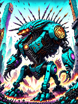 A massive looming gigantic killer robot, rampaging through a crowded city, smashing buildings, people fleeing in terror,  ultra intricate mechanical parts wires gears intricate inner workings, psychedelic to the max, best quality, CartooNuclear Meltdown style,2D