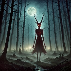 Forest, night, fog, eerie, dark, strange otherworldly glow, eyes gaze back from the darkness, dim light ambient natural moonlight, bizarre creepy, trees almost seem alive, pareidolia of horrors, vivid professional animation, bad dream 